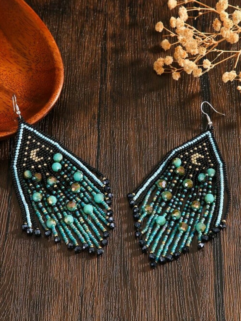 Bohemian Teal Beaded Earrings - Picture 2 of 3